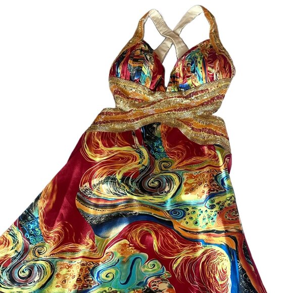 Vibrant Multicolor Sequin Satin Gown Open Back Floor Length Formal Dress Size 4 - Picture 2 of 14